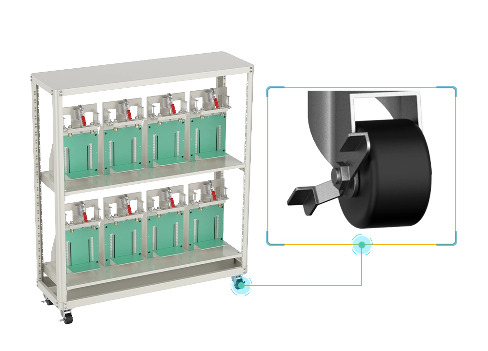 NEWARE-prismatic cell rack, featuring a green insulation coating, safeguards battery safety. It is equipped with bottom rotating wheels for easy mobility