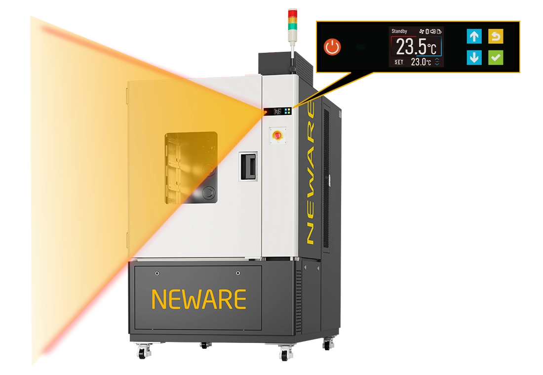 NEWARE-WHW-500L-5V6A80CH-380V-3C battery tester features a touch LCD screen design and human body sensing