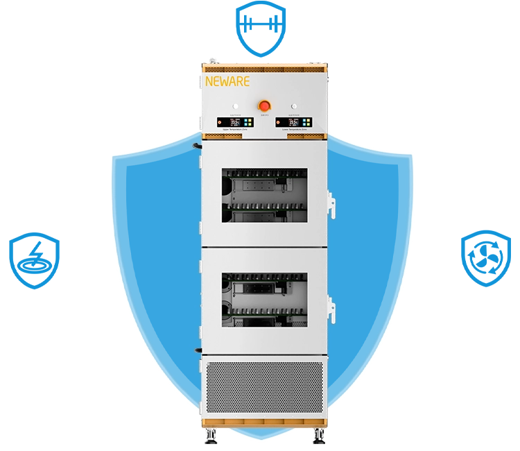 NEWARE MHW-100-2-160CH Dual-Temperature Zones battery tester has safety protection features such as Power-Down Data Protection, Short Circuit protection, and Abnormal Monitoring of Circulating Fan Operation